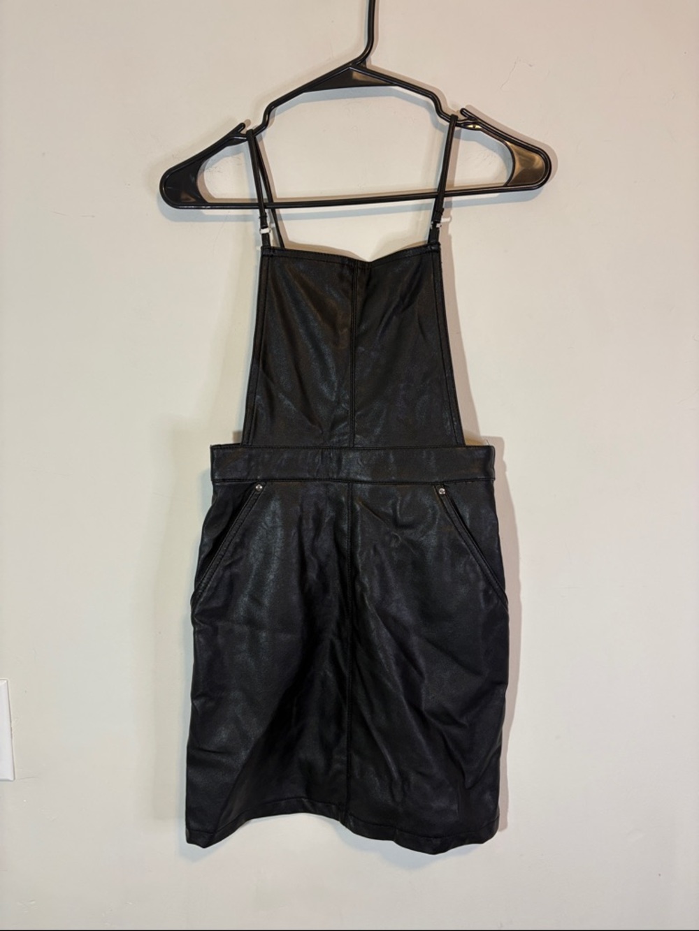 H&M Divided Black Faux Leather Pinafore Overall Style Mini Dress With Pockets 2
